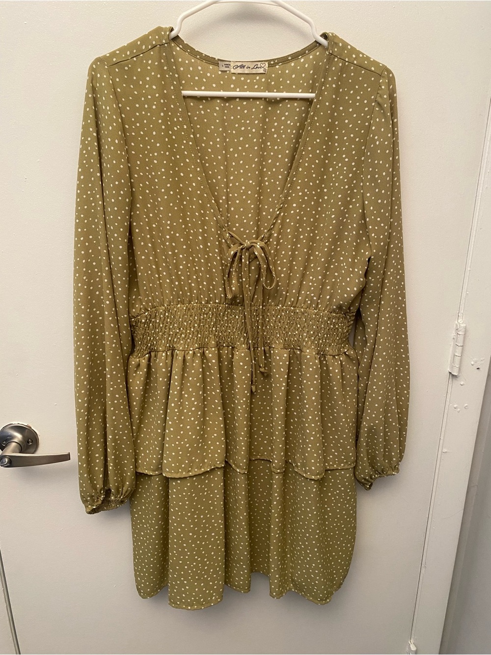 Versona Olive Green Polka Dot Long Sleeve Tie-Front Dress
